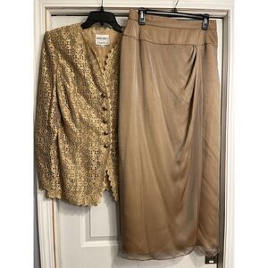 Vtg Lian Carlo Neiman Marcus Gold Lace Button Blazer silk Skirt Sz 12 Read‎